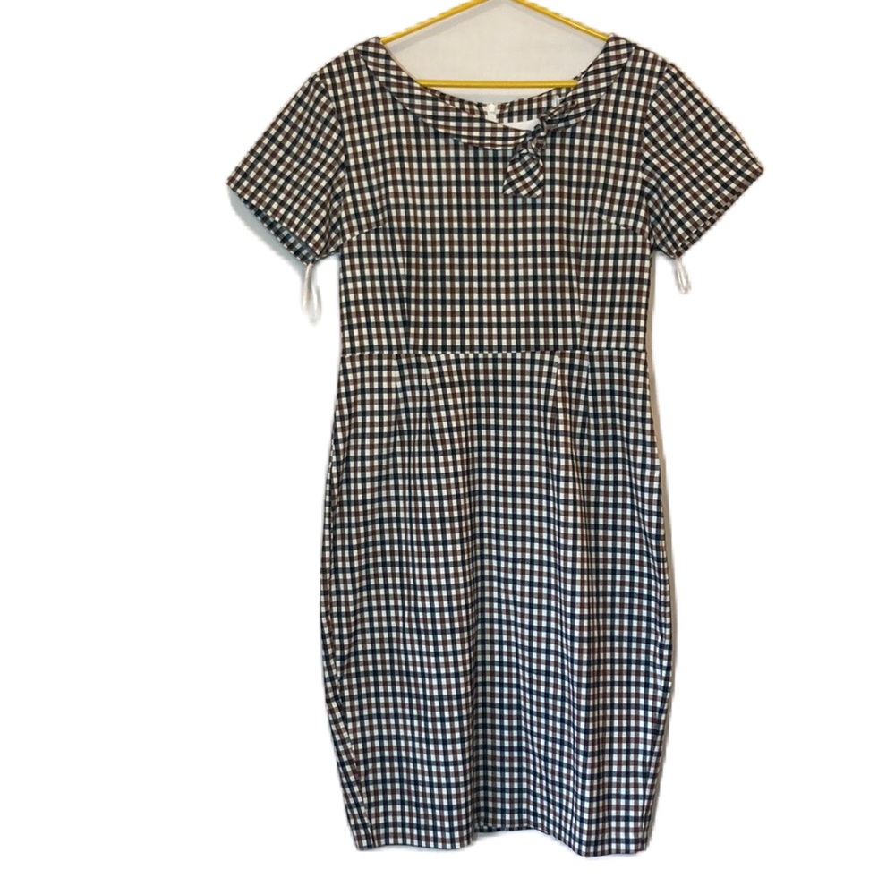 Vintage Brown Black & White Peter Pan Collar Bow Gingham Dress Size L
